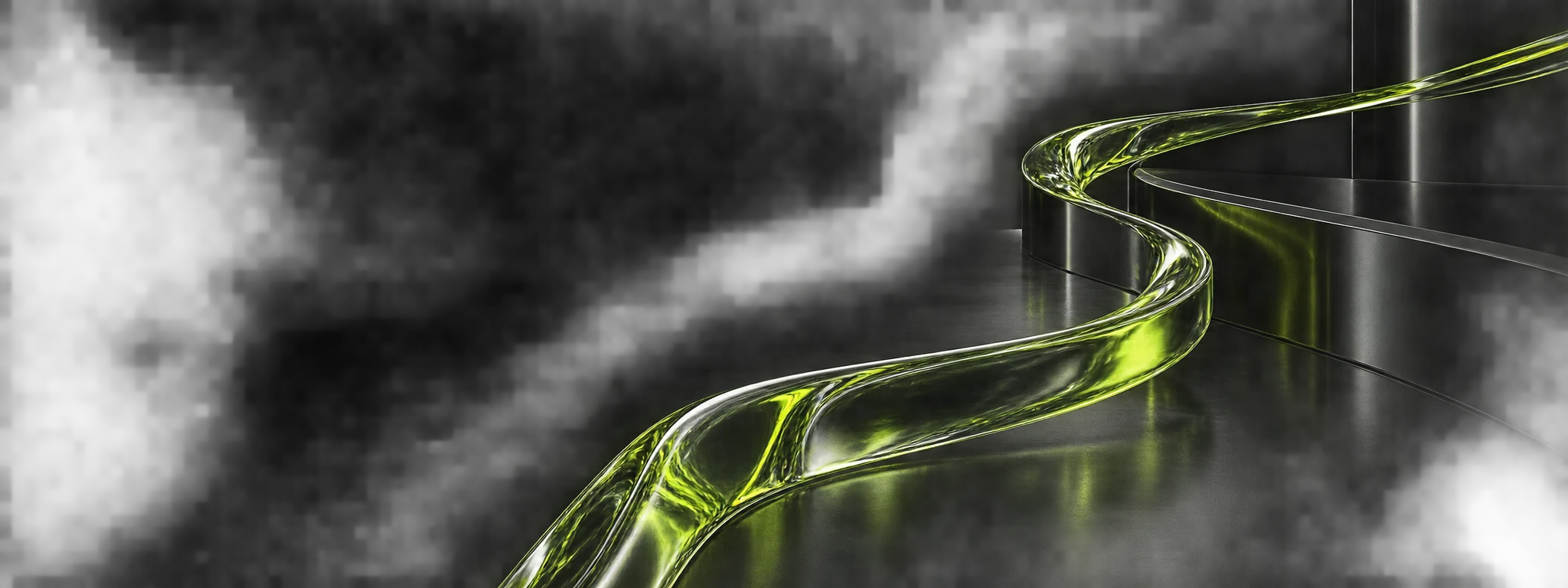 Transparent green liquid moving through a black metal environment